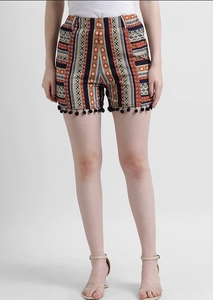 Women's Printed Geometric Shorts High Waist <b>Elastic</b> Breathable With Tassel Decoration Regular Fit Cotton Bamboo Fiber - Product Image 1
