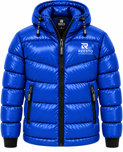 <b>Mens</b> Blue Hoodie shiny Puffer Jacket Windproof Winter streetwear running Coat customized logo <b>mens</b> puffer jacket wholesale - Product Image 1