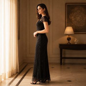 Luxury Black Beaded Evening Gown for Women Elegant Formal Maxi Dress Sheer Neck Embellished Sleeves Cocktail Party Prom Dress - Product Image 3