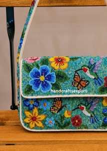 Sac à bandoulière luxueux fait main, tendance, professionnel, orné de perles florales en forme d'oiseau colibri pour femmes |   Sac à main brodé |   Logo personnalisé sécurisé - Product Image 3