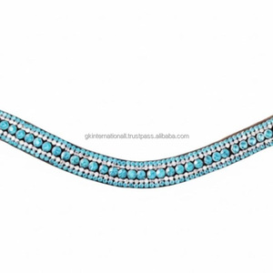 Diadema para caballo de cuero premium negro con cristales azules en forma de onda profunda, decorativa y súper brillante, en tamaño full cob. - Product Image 6