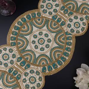 Bohemian Embroidered Oval <b>Table</b> <b>Runner</b> Fabric Handmade Decorative Mat with Teal and <b>Gold</b> Mandala Design - Product Image 3