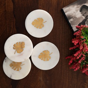 Juego de Posavasos de Mármol | Juego de Posavasos Redondos | Juego de Posavasos con Incrustaciones de Madreperla | Posavasos Decorativos para Oficina | Juego de Posavasos para Regalo - Product Image 1