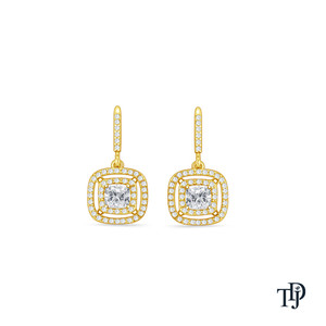 Pendientes colgantes de oro de 14 quilates con diamantes cultivados en laboratorio de corte cojín y doble halo - Product Image 1