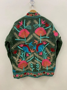 Bohemian <b>Vintage</b> Floral Embroidered Finished Velvet Cotton Reversible Thick Winter Suzani Overcoat <b>Jacket</b> - Product Image 3