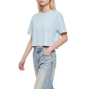 T-shirt court ample bleu ciel pour femme, col rond, en coton, basique, décontracté, vente en gros, vierge - Product Image 4