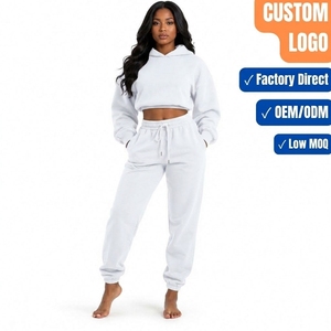 <b>White</b> <b>Women's</b> Cropped Hoodie Jogger Set Plain Sweatsuit for Custom Branding - Product Image 1