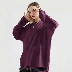 T-shirt Grunge Oversize Femme Effet Usé Coupe Ample Épaules Tombantes Manches Longues Col Rond Tissu Épais - Product Image 1