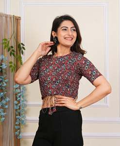 Chemisier en coton à imprimé floral, couleur bordeaux, ensemble de vêtements pour femmes, haut confortable, tissu respirant, élégant, formel, été - Product Image 4