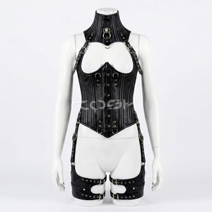 Ensemble de corset harnais en cuir noir à baleines en acier sous la poitrine - Product Image 3