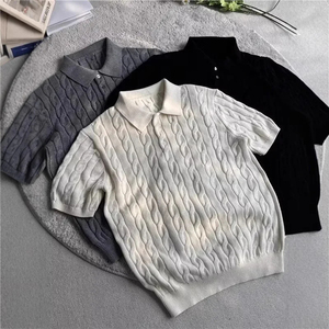 Classic <b>Cable</b> <b>Knit</b> Polo <b>Sweater</b>, Short Sleeve Button Down Casual <b>Knit</b> Top, Spring Summer Comfortable Tee - Product Image 6
