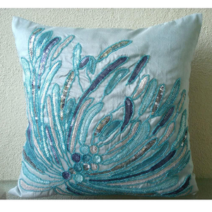 Wholesale <b>Blue</b> Sequin <b>Beaded</b> Ocean Pillow Cover Cushion Case Throw Silk Floral Mediterranean <b>Beaded</b> Cushion Cover - Product Image 2