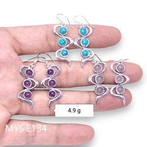 Pendientes de Plata de Ley 925 con Turquesa Natural de Corte Redondo y Piedras Preciosas de Piedra Lunar Arcoíris, Diseño de Serpiente, Estilo Natural de Diseñador - Product Image 1