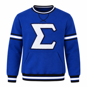 เสื้อสเวตเชิ้ตคอกลมผู้ชาย แบรนด์ Men Varsity พร้อมป้ายตัวอักษรกรีก กระเป๋าจิงโจ้ แต่งขอบยางยืดลายทาง แขนยาว สไตล์ลำลอง - Product Image 3