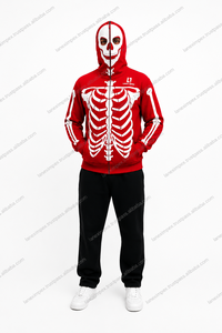 Sudadera con capucha de esqueleto para hombre, con cremallera completa, estampado gótico de calaveras y huesos, estilo streetwear de Halloween, con gráfico personalizado, roja - Product Image 3