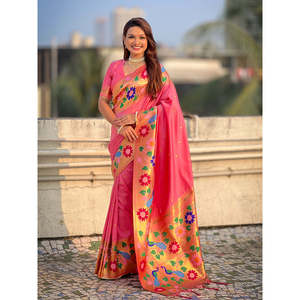 Sari Rosa Bebé Tejido con Zari y Borde Grande de Seda Paithani para Ropa India y Pakistaní - Product Image 6