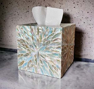 Boîte à mouchoirs carrée à motif floral bleu luxueux couverture d'artisanat artisanal en nacre - Product Image 2