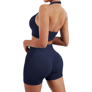 Ensemble de sport côtelé sans couture pour femme, short cycliste taille haute froncé aux fesses et brassière de sport, tenue de yoga et de gym, ensemble 2 pièces - Product Image 2
