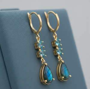 ต่างหูลาบราโดไรต์ดีไซน์เนอร์ประดับบลูโทแพซทรงกลมเงินแท้สำหรับงานปาร์ตี้ ขายส่งเครื่องประดับแฟชั่น - Product Image 3