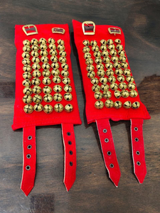5 Line Brass Ghungroo Anklets with Red Velvet Strap for Classical Dance (Pair) - Product Image 3