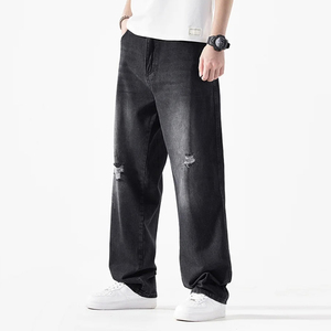 Quality Heavyweight Men Baggy Casual Denim Custom Logo Black Loose Straight Jeans Simple Washed <b>Pants</b> - Product Image 4