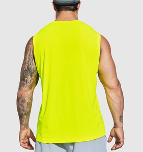 Men's <b>Neon</b> <b>Yellow</b> Sleeveless Tank <b>Top</b> O-Neck Breathable Quick Dry Solid Color Smart Casual Cotton Knitted Workout Shirt - Product Image 2