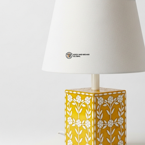 Yellow Bone Inlay <b>Bedside</b> Lamp | Elegant Round Base <b>Table</b> Lamp with Neutral Shade - Product Image 2