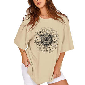 Women's Regular Beige <b>Sunflower</b> Graphic Eco-Friendly Quick Dry Breathable Cotton T-Shirt Casual Printed Spring Tee Top - Product Image 4