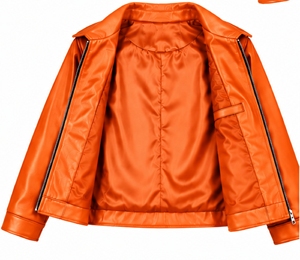 Chaqueta de Cuero Genuino Naranja para Mujer, Estilo Motociclista, Cuello Camisero, Cierre de Cremallera, Manga Larga, Chaqueta Corta - Product Image 5