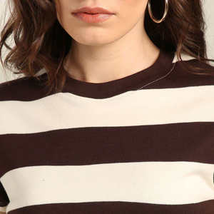 T-shirt à rayures marron et blanches pour femmes, coupe régulière, décontracté, doux, respirant, à la mode, pour l'été - Product Image 4