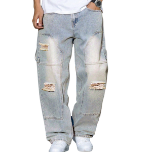 Jeans de Mezclilla para Hombre, Estilo Y2K, Color Azul Hielo Lavado, Corte Holgado, Pierna Recta, Cintura Media, Secado Rápido, Transpirables, Rotos, 100% Algodón, Casuales - Product Image 1