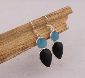 Natural Blue Chalcedony & Black Onyx <b>Earrings</b> 925 <b>Sterling</b> <b>Silver</b> Two-Stone Geometric <b>Dangle</b> <b>Earrings</b> Handmade Boutique Jewelry - Product Image 4