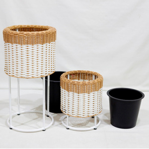 Modern Rattan Flower Stand Set with White Metal Frame Indoor Plant <b>Pot</b> Holder Circular Design Minimalist Style - Product Image 3