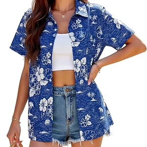 Women Tropical Print Shirt Hawaiian Style Button Down Summer Beach Top Batwing Sleeve Blouse - Product Image 1