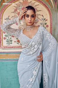 Sari de diseño Bollywood de alta calidad en georgette sintético con bordado, lentejuelas de 5 mm y flecos de cristal, con trabajo Zalar, y blusa - Proveedor de la India - Product Image 2