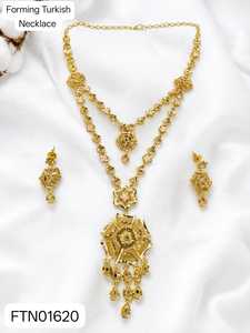 Women's Brass 18K Gold Plated Turkish Long Haram Necklace <b>Set</b> Lock Design Bridal Traditional Wedding Engagement - Product Image 2