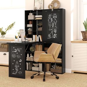 Convertible Home Office Desk with Blackboard <b>Wall</b> Mount Computer <b>Table</b> and Side Shelf <b>Fold</b>-Out Laptop <b>Table</b> Black Color - Product Image 2