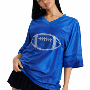 Maillot de football américain pour femme en maille bleue de qualité supérieure, avec graphique en strass, coupe oversize, en polyester, personnalisable, pour fans, T-shirt de sport - Product Image 1