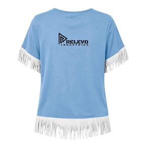 Camiseta de manga corta para mujer de alta calidad con dobladillo y puños con flecos blancos, top informal de algodón tejido con cuello redondo para verano. - Product Image 5