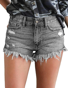 Shorts de mezclilla desgastados para mujer al por mayor, con cintura alta, diseño sin roturas en las rodillas, lavado vintage, logotipo personalizado - Product Image 2