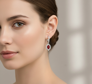 Pendientes de Plata 925 con Granate Ovalado y Halo, de Lujo, con Clip, 6 Gramos, Bañados en Rodio, para Mujer, Regalo para Fiesta de Compromiso o Boda - Product Image 4