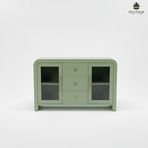 PKP FURNITURE Modern Living Room Cabinet with 3 Drawers and 2 Glass Doors Green <b>Sideboard</b> <b>Storage</b> Unit - Product Image 1