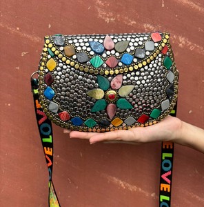 Handcrafted Vintage Storage Bag Boho Green Stone & <b>Silver</b> Brass Beaded <b>Clutch</b> Bag Handmade Embellished Metal Evening Party Purse - Product Image 2