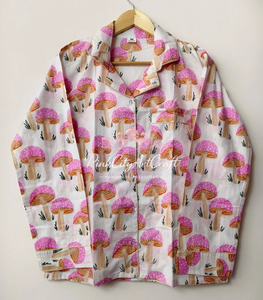 Pink Mushroom Print Cotton Pajama Set for Women Soft Breathable Flock Print Summer Sleepwear Long Sleeve Button-Down <b>PJs</b> - Product Image 5