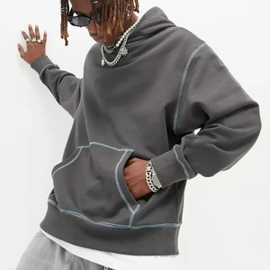 Custom Men's Contrast <b>Stitch</b> Fleece Eco-Friendly Breathable Pocket <b>Oversized</b> 400GSM Heavyweight Cotton Charcoal Grey <b>Hoodie</b> - Product Image 1