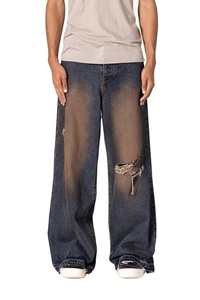 Jean en denim 100% Coton pour homme, taille mi-haute, coupe ample, style streetwear décontracté vintage, jambe large, effet vieilli rouille, tendance et personnalisé - Product Image 5