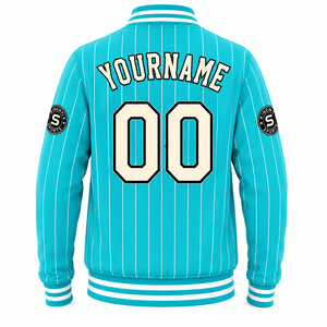 SINEWY SPORTS Veste universitaire unisexe hiver grande taille à rayures turquoise, personnalisable avec nom et numéro par impression par sublimation - Product Image 3