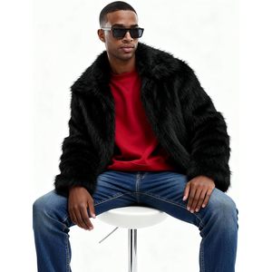 Manteau en fausse fourrure noire pour homme, col rabattu, manches régulières, couleur unie, coupe ample, parka épaisse - Product Image 3