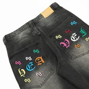 GDTEX, ropa de calle personalizada, pantalones vaqueros lavados vintage, pantalones vaqueros para hombre con bordado, pantalones vaqueros holgados para hombre