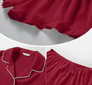 Ensemble de pyjama rose pour femmes, manches courtes, col rabattu, taille élastique, fermeture à boutons, vêtements de nuit décontractés, style été, spandex/coton - Product Image 4